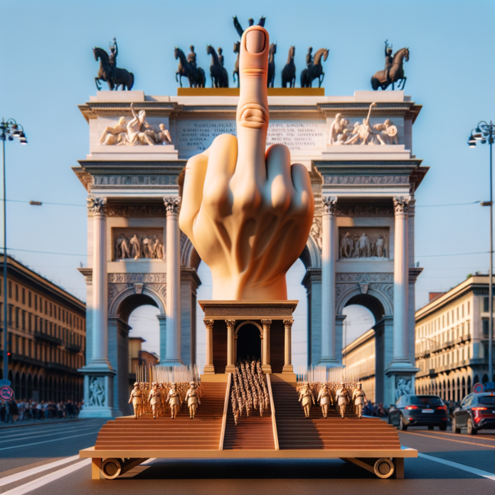 Un punto focale dell'evento è la rivisitazione artistica della celebre scultura L.O.V.E. di Maurizio Cattelan. ma la mano con il dito medio alzato di piazza della scala, posizionata sul tetto di una minor che precede la parata verso arco della apce a milano